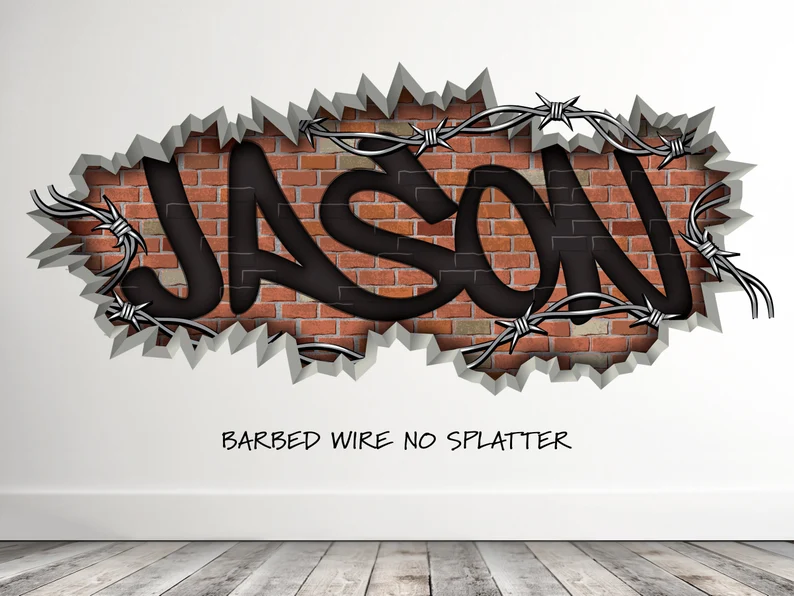 Personalized Name Graffiti Brick Barbed Wire Name Wall Decal -Teen Room Decal